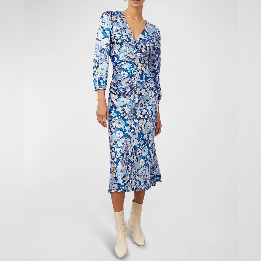 Rails Salem Zinnia Floral Blue Ruched V-Neck 3/4 Sleeve Midi Dress NWT Size M
